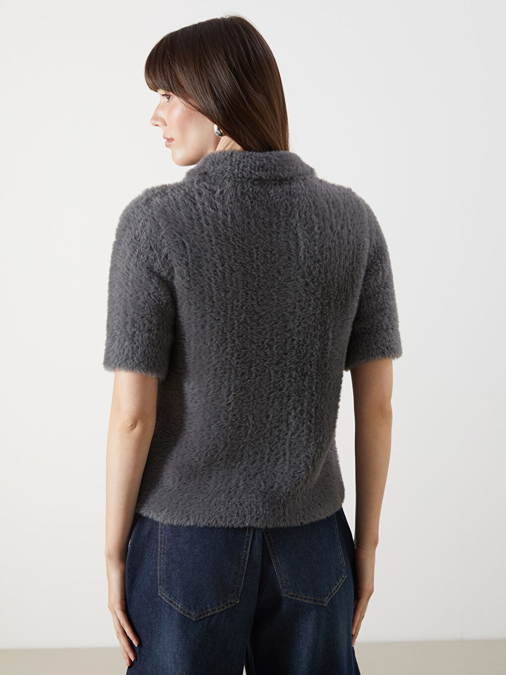 Antrasit Polo Yaka Kadın Triko Kazak-3