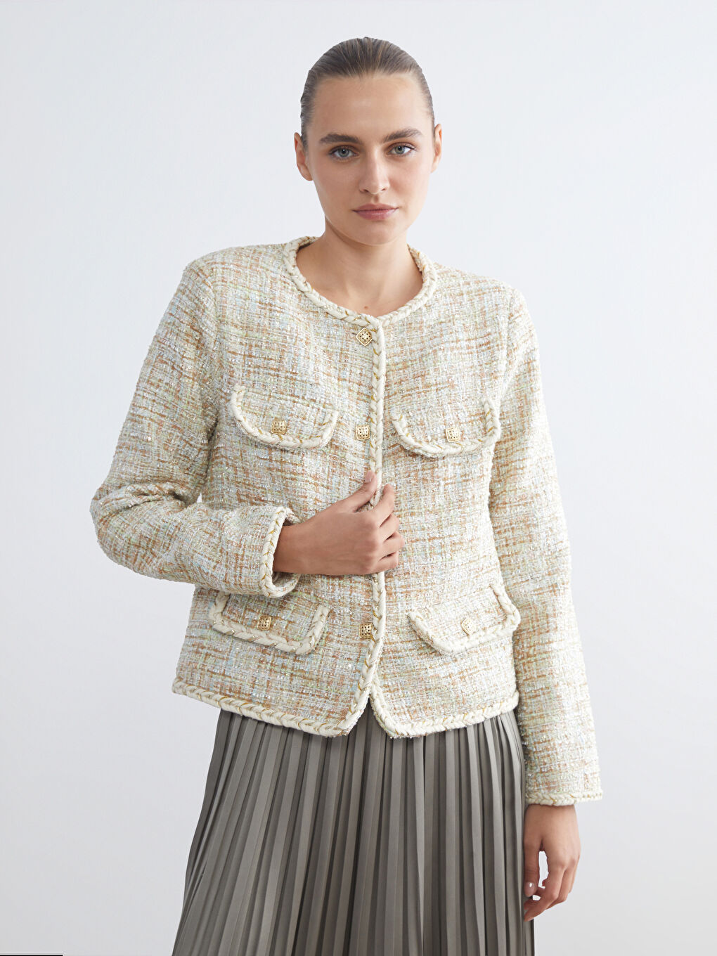 Crew Neck Plaid Women's Tweed Jacket