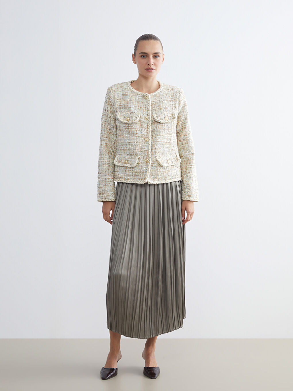 Crew Neck Plaid Women's Tweed Jacket-1