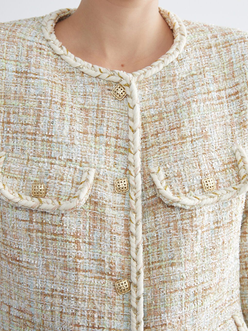 Crew Neck Plaid Women's Tweed Jacket-2