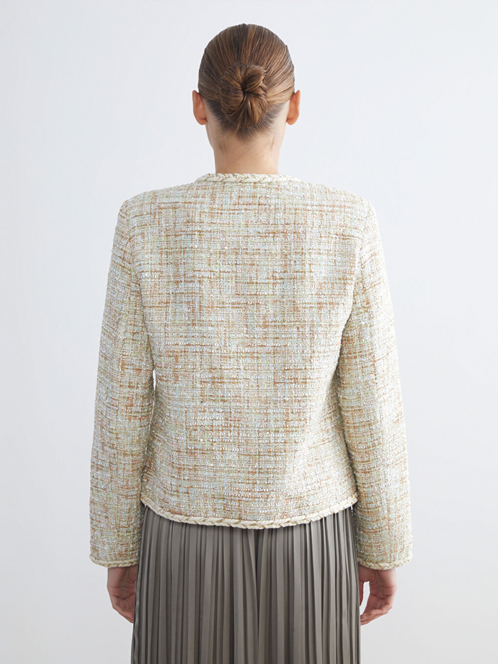 Crew Neck Plaid Women's Tweed Jacket-3