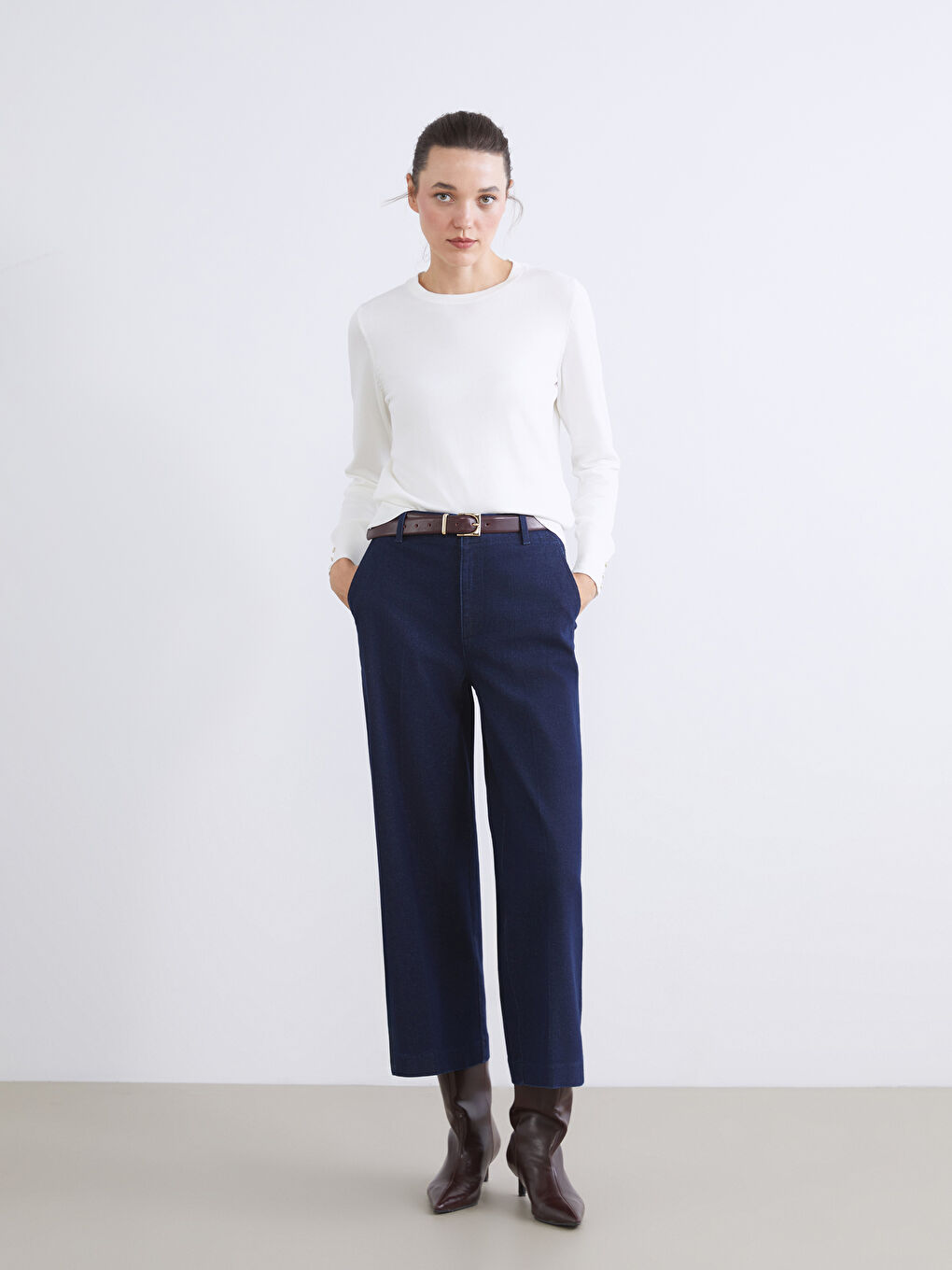 Ekru Bisiklet Yaka Kadın Triko Kazak-1