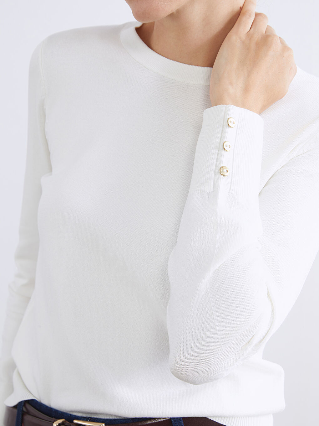 Ekru Bisiklet Yaka Kadın Triko Kazak-2