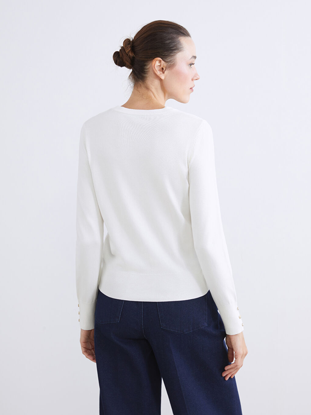 Ekru Bisiklet Yaka Kadın Triko Kazak-3