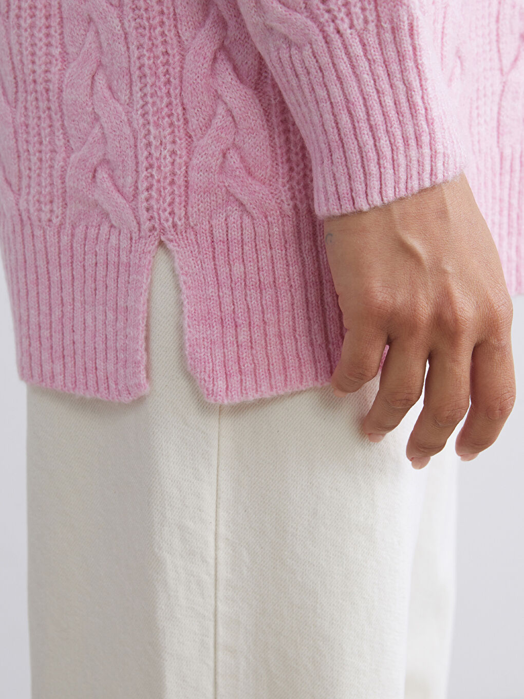 Pembe Dik Yaka Kendinden Desenli Kadın Triko Tunik-2