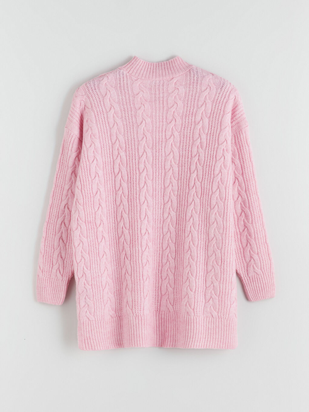 Pembe Dik Yaka Kendinden Desenli Kadın Triko Tunik-5