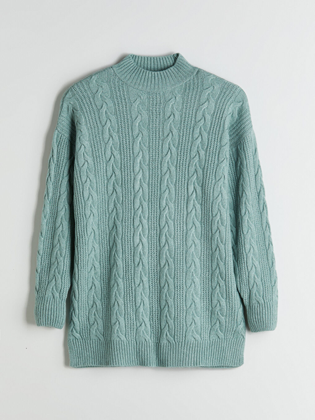 Yeşil Dik Yaka Kendinden Desenli Kadın Triko Tunik-4