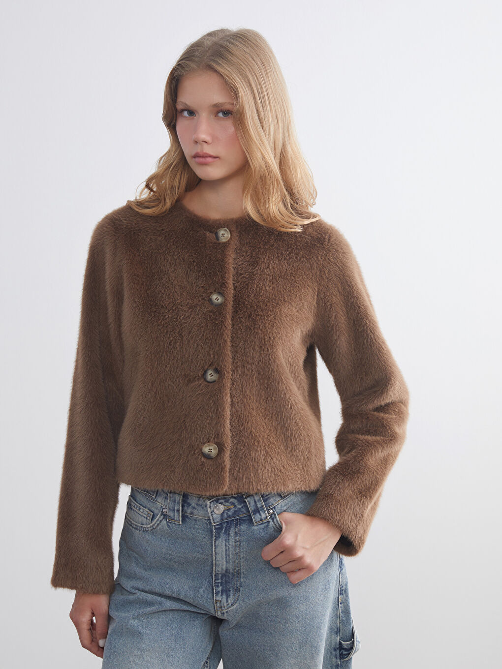 Kahverengi Bisiklet Yaka Kadın Pelüş Ceket