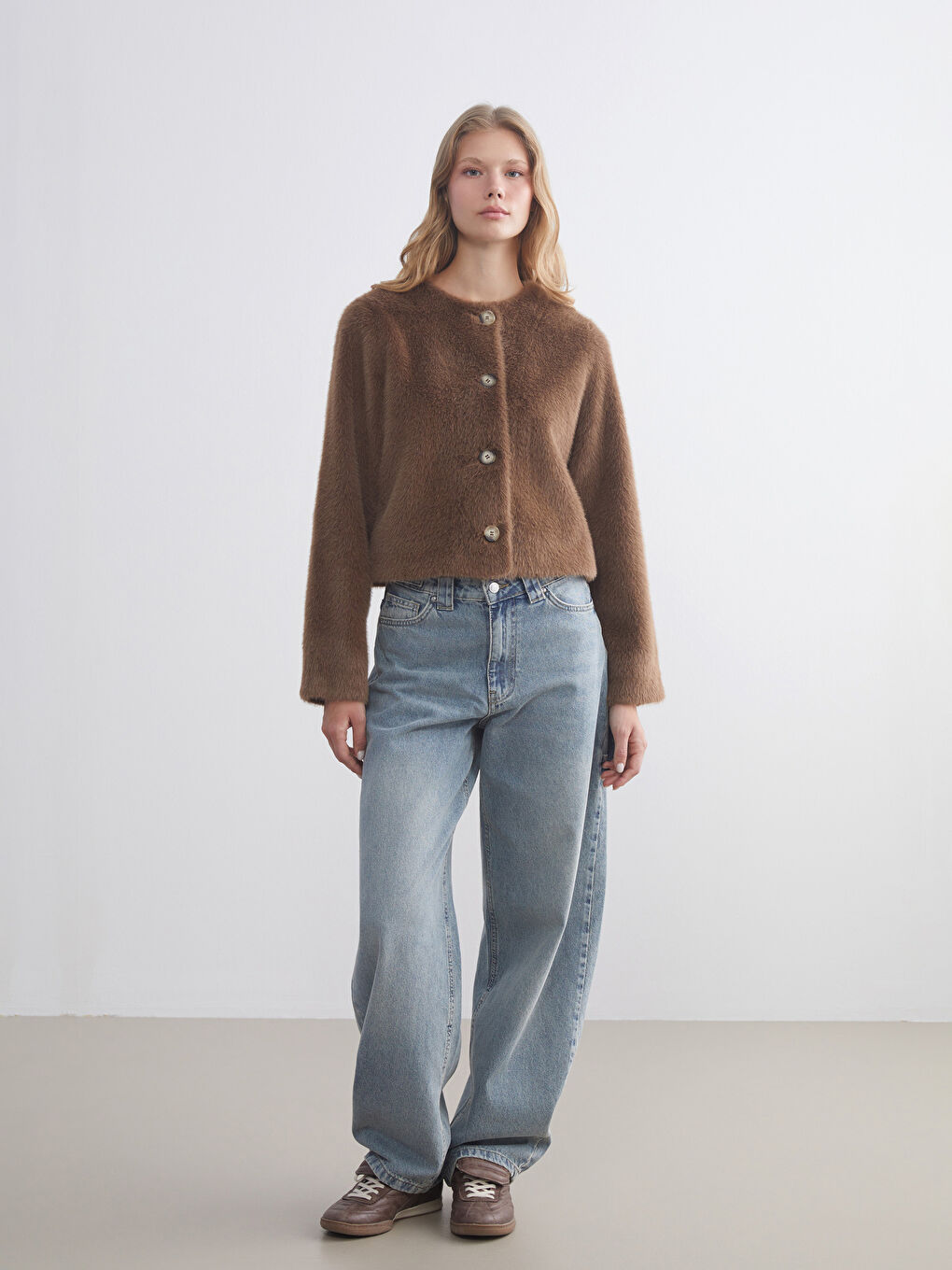 Kahverengi Bisiklet Yaka Kadın Pelüş Ceket-1