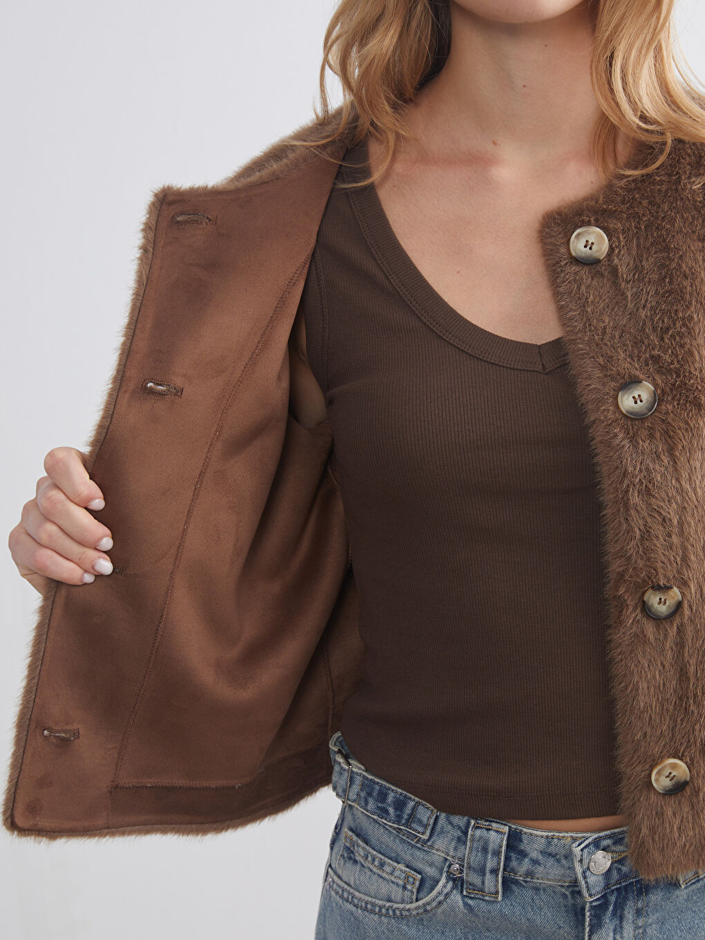 Kahverengi Bisiklet Yaka Kadın Pelüş Ceket-3