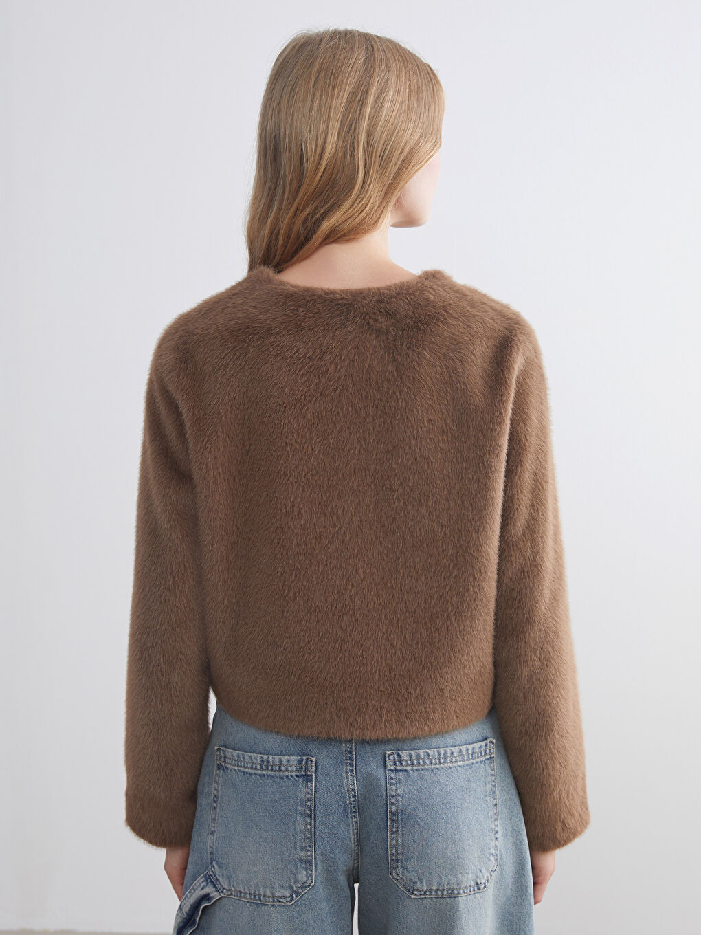 Kahverengi Bisiklet Yaka Kadın Pelüş Ceket-4