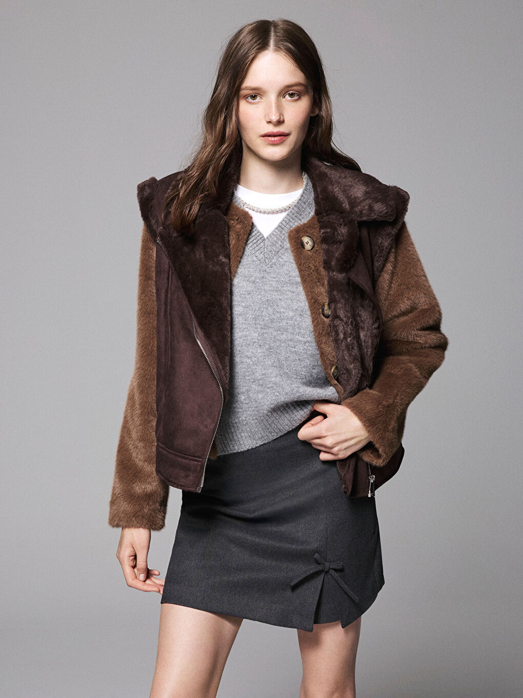 Kahverengi Kürklü Biker Yaka Süet Kadın Yelek