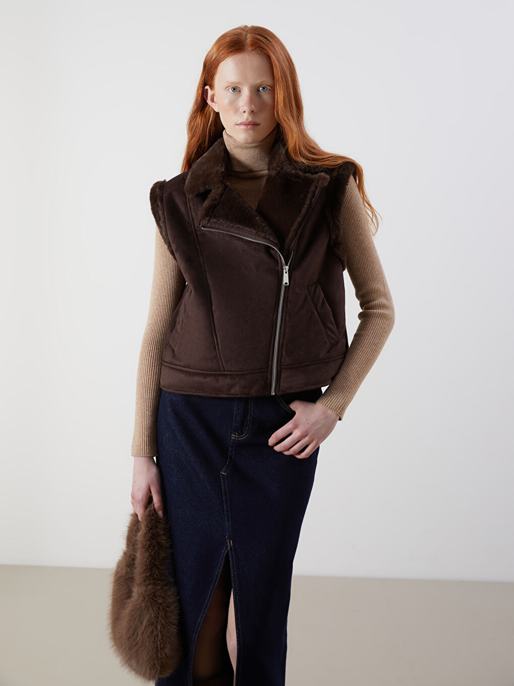 Kahverengi Kürklü Biker Yaka Süet Kadın Yelek-1
