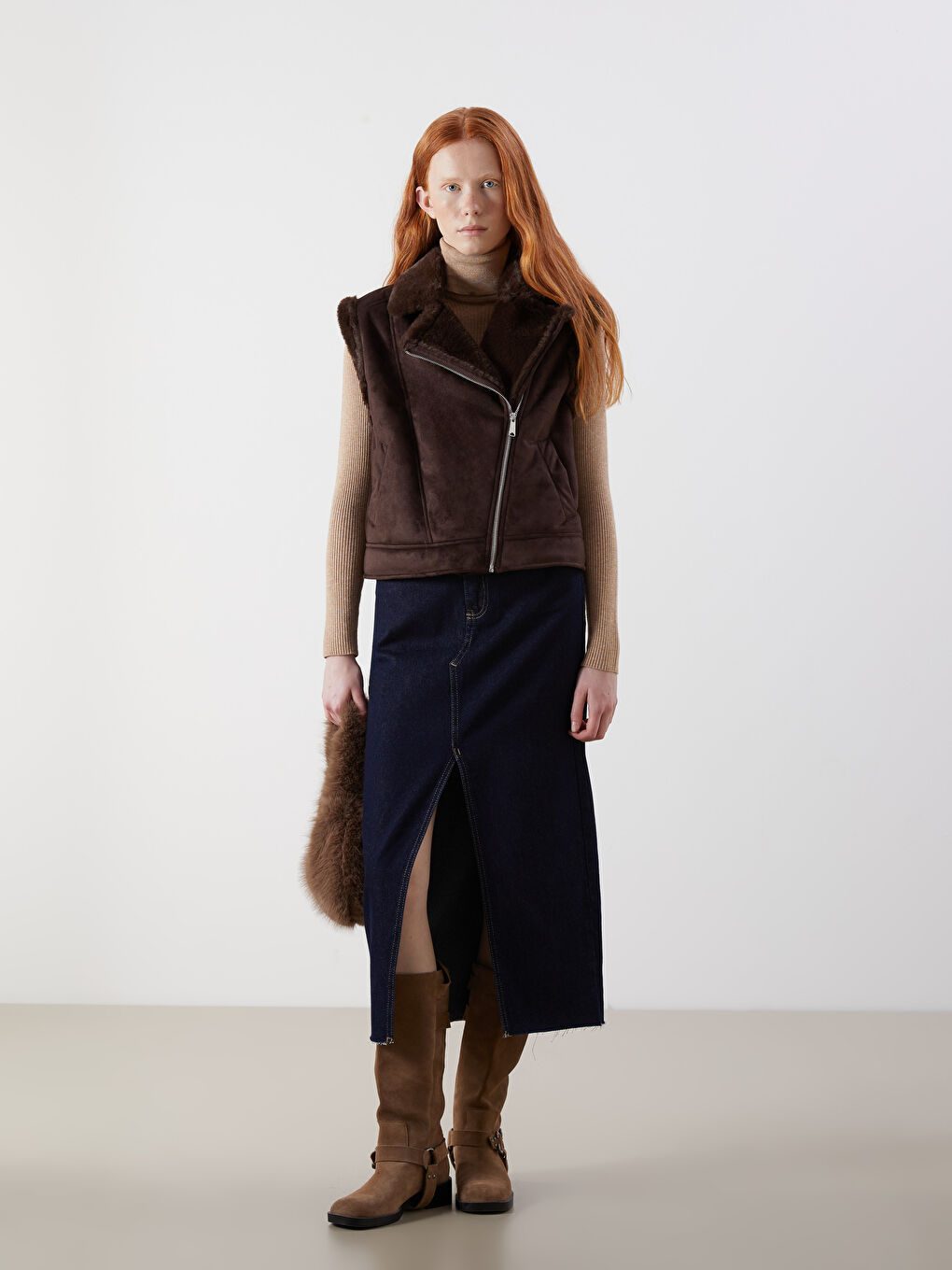 Kahverengi Kürklü Biker Yaka Süet Kadın Yelek-2