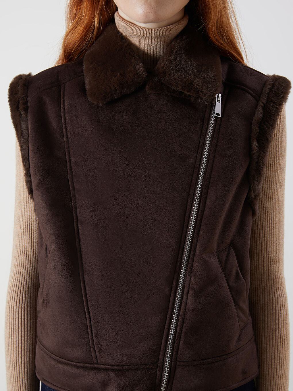Kahverengi Kürklü Biker Yaka Süet Kadın Yelek-3