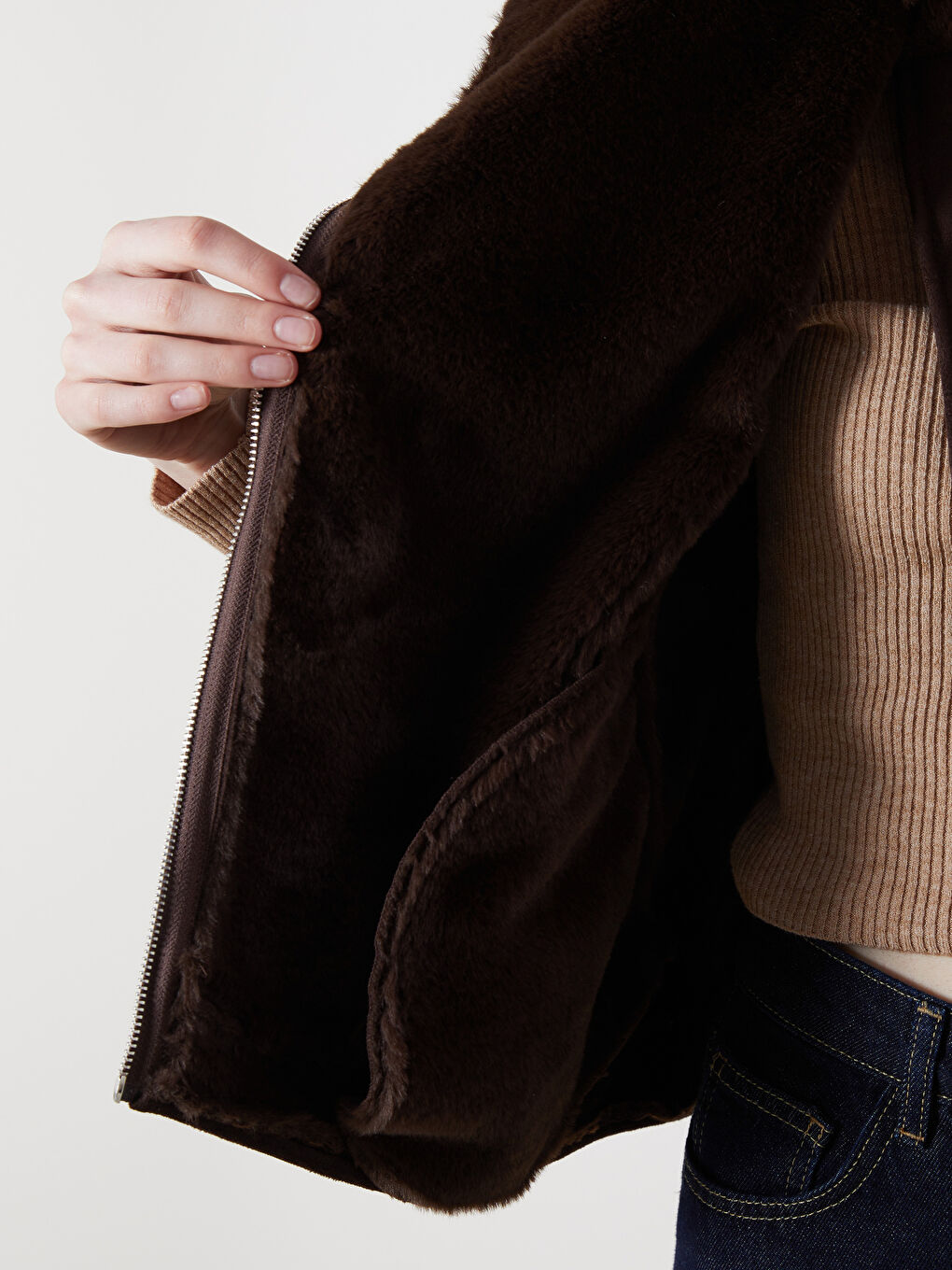 Kahverengi Kürklü Biker Yaka Süet Kadın Yelek-4