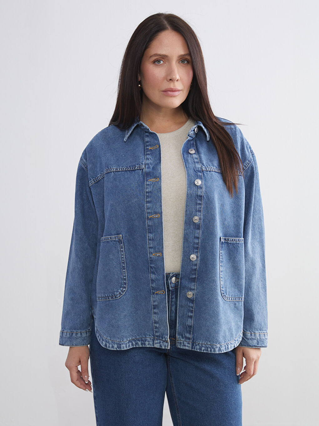 İndigo Gömlek Yaka Oversize Kadın Jean Ceket-1