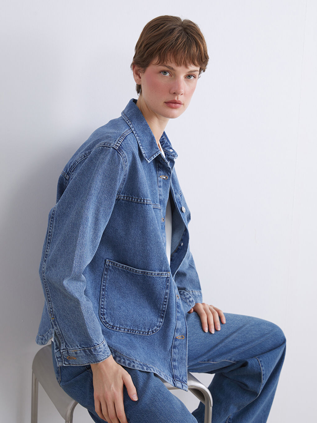 İndigo Gömlek Yaka Oversize Kadın Jean Ceket