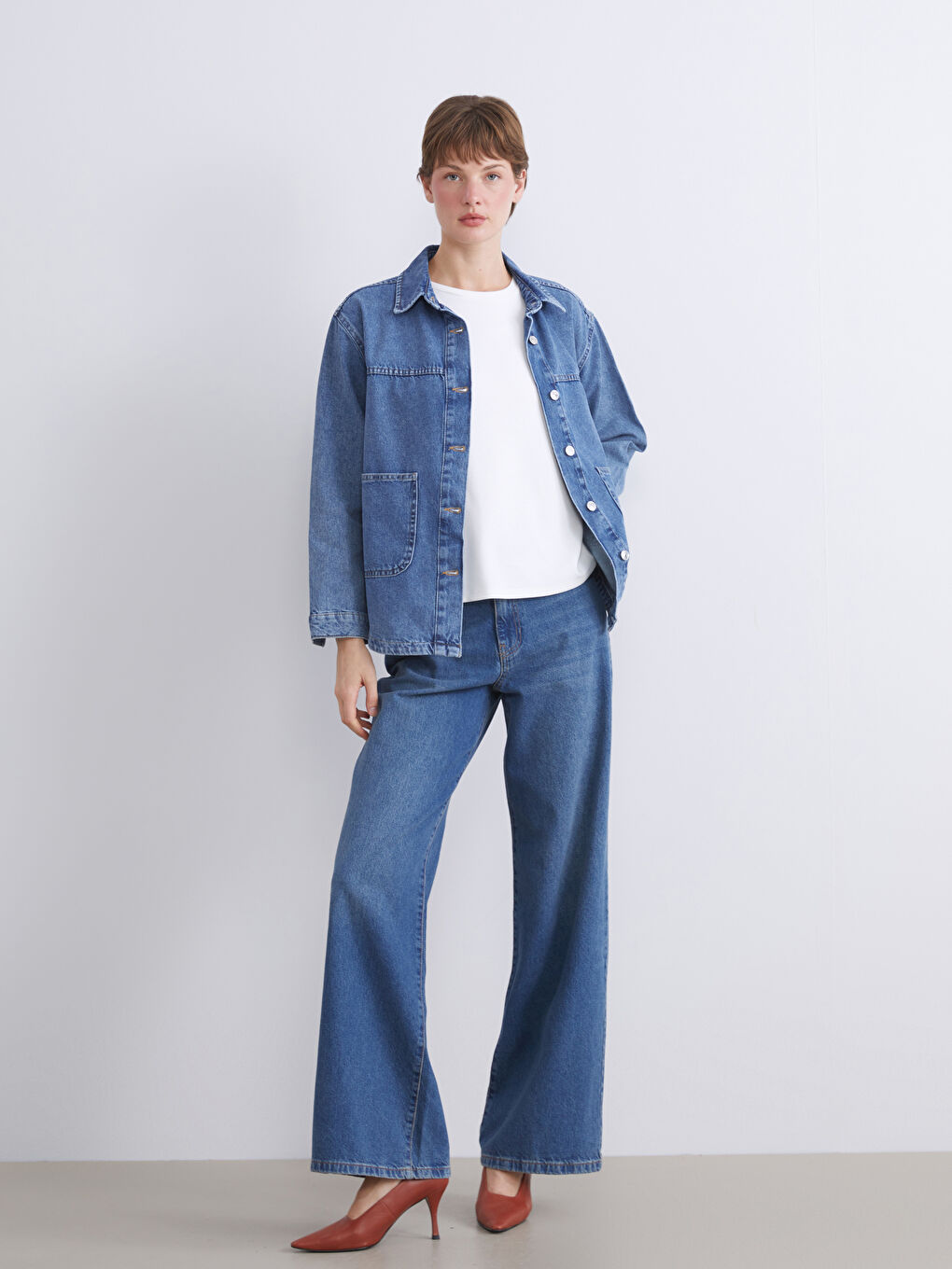 İndigo Gömlek Yaka Oversize Kadın Jean Ceket-2
