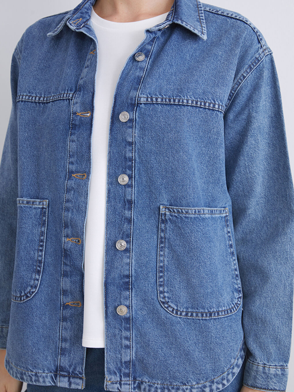 İndigo Gömlek Yaka Oversize Kadın Jean Ceket-3