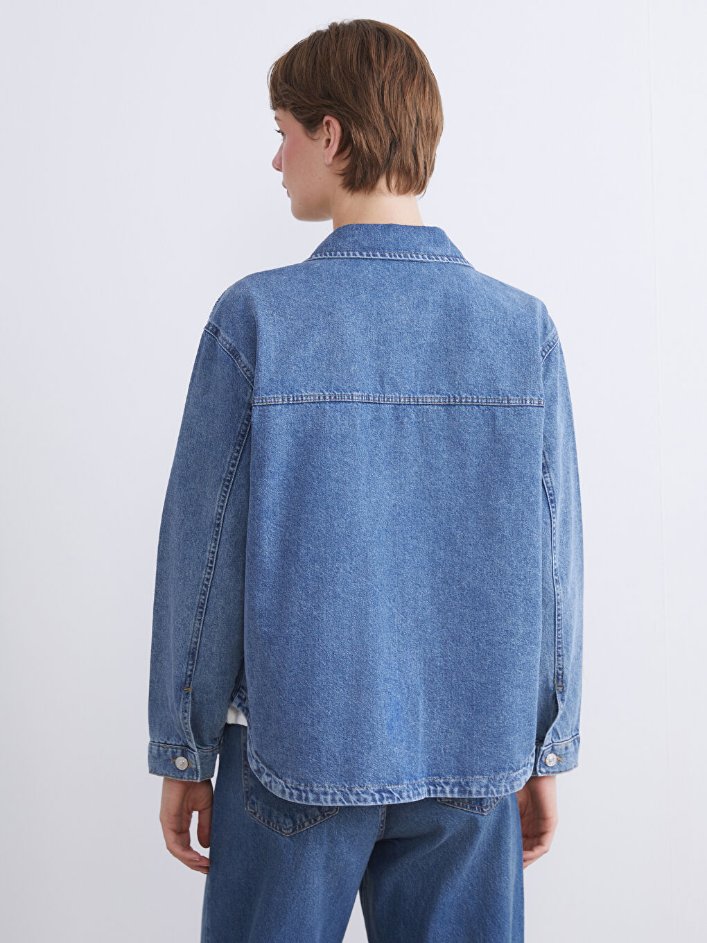 İndigo Gömlek Yaka Oversize Kadın Jean Ceket-4