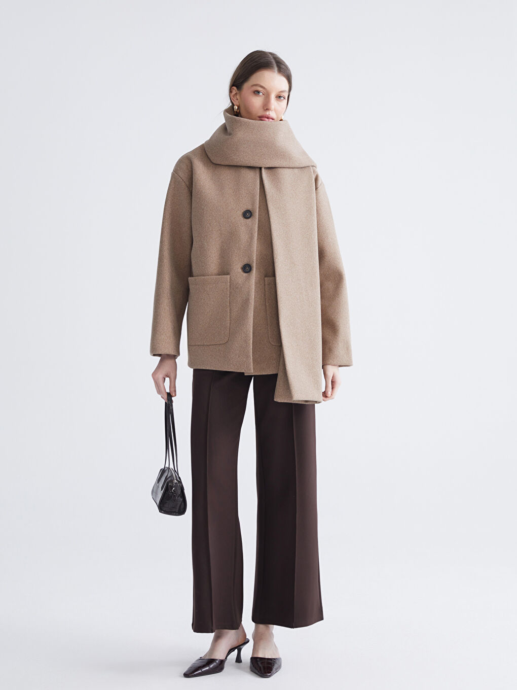 معطف صوف مخلوط بني امرأة-1