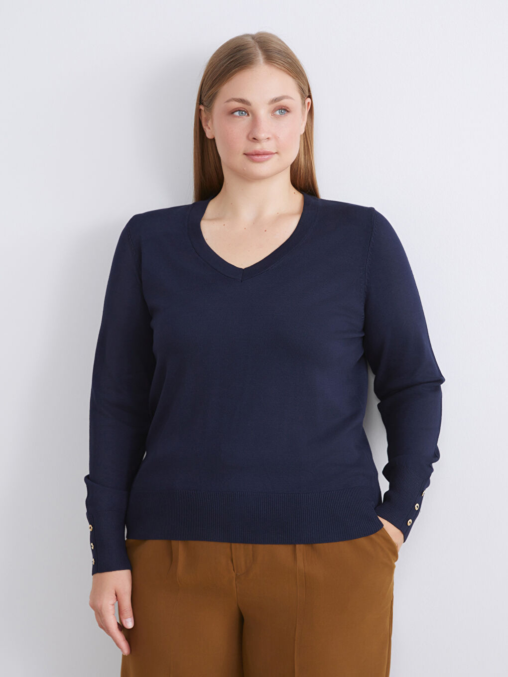 Lacivert V Yaka Kadın Triko Kazak-1