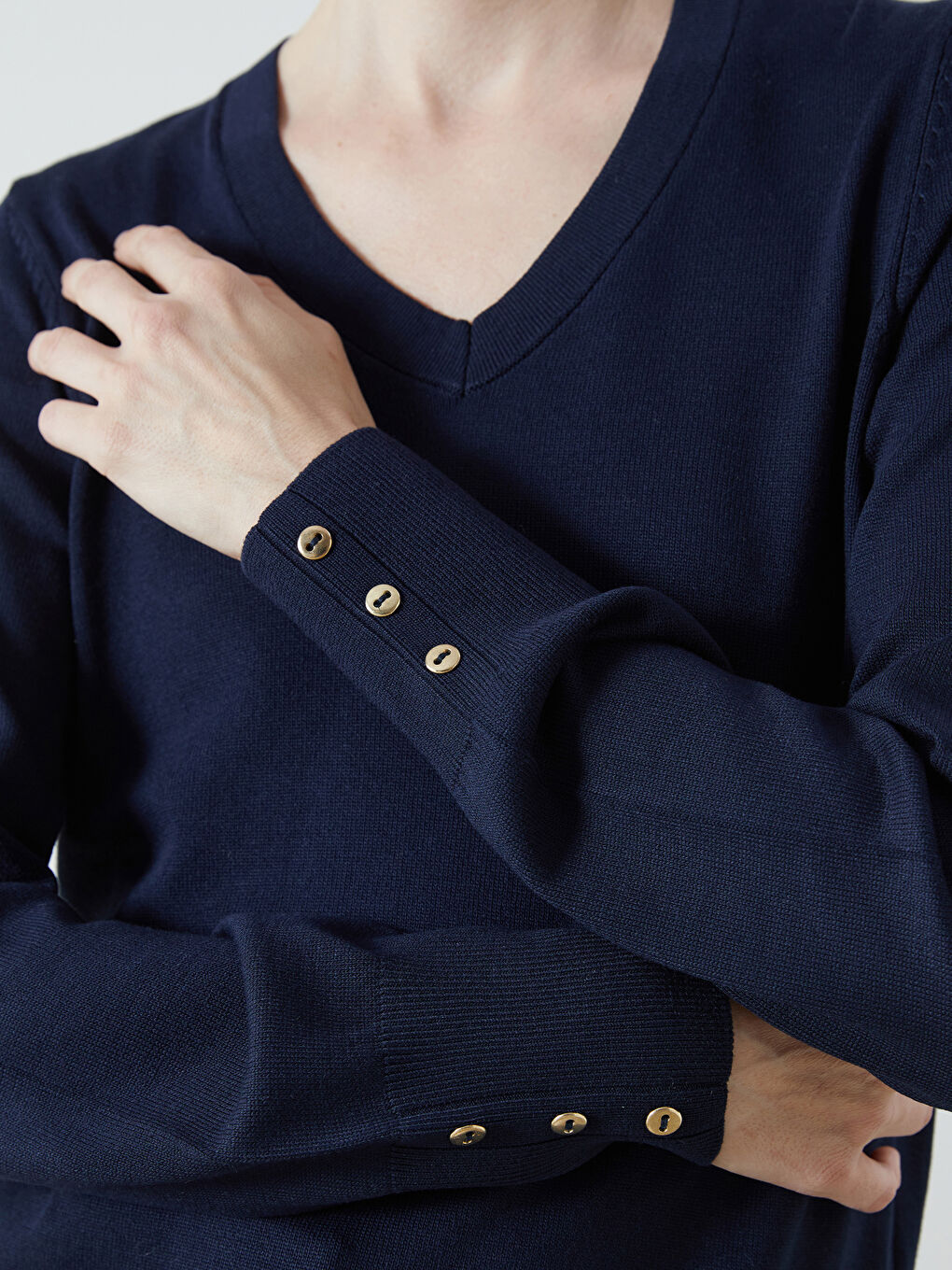 Lacivert V Yaka Kadın Triko Kazak-4