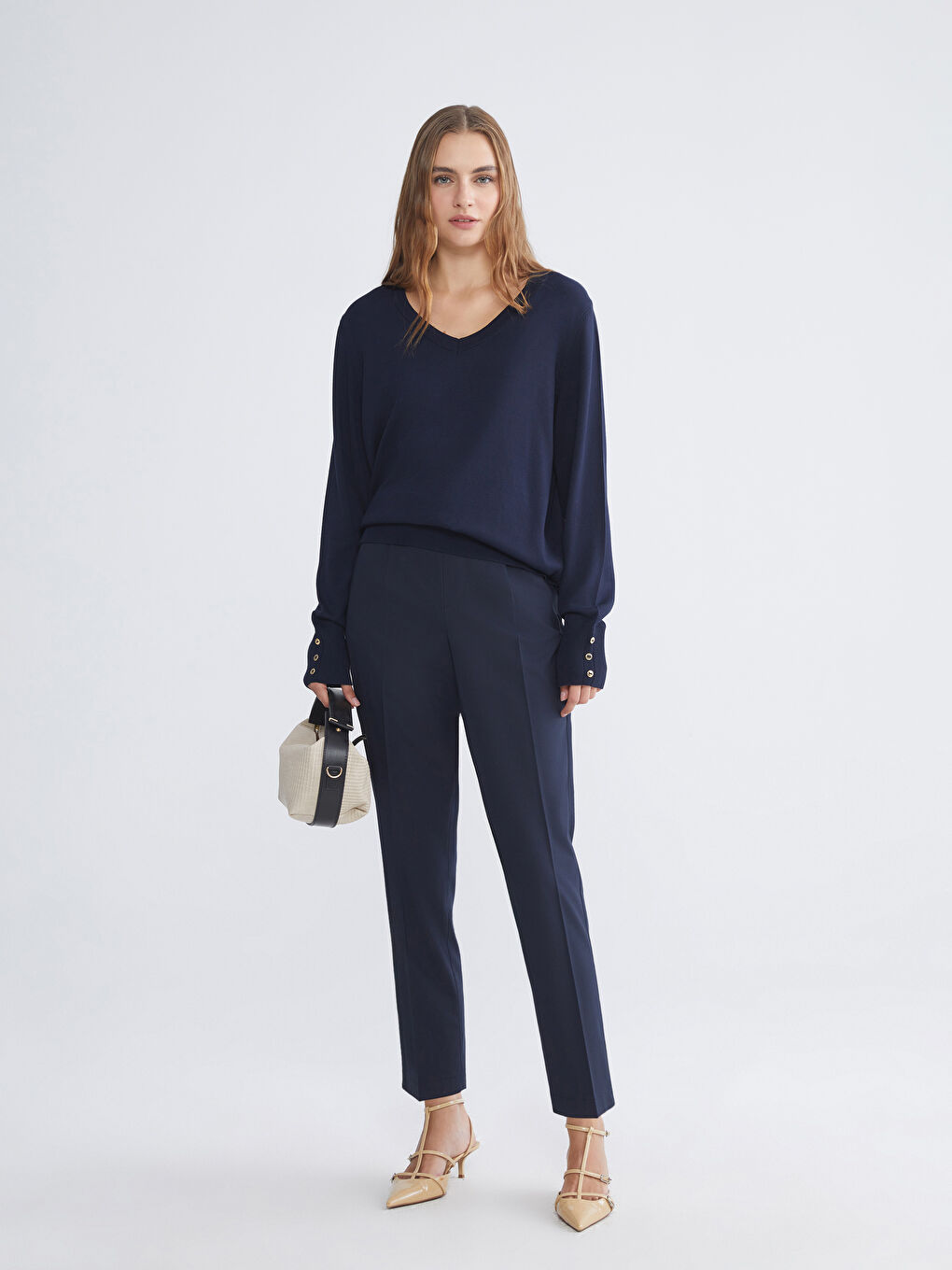 Lacivert V Yaka Kadın Triko Kazak-2