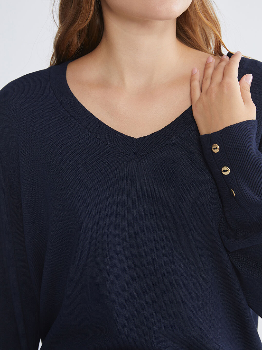 Lacivert V Yaka Kadın Triko Kazak-3