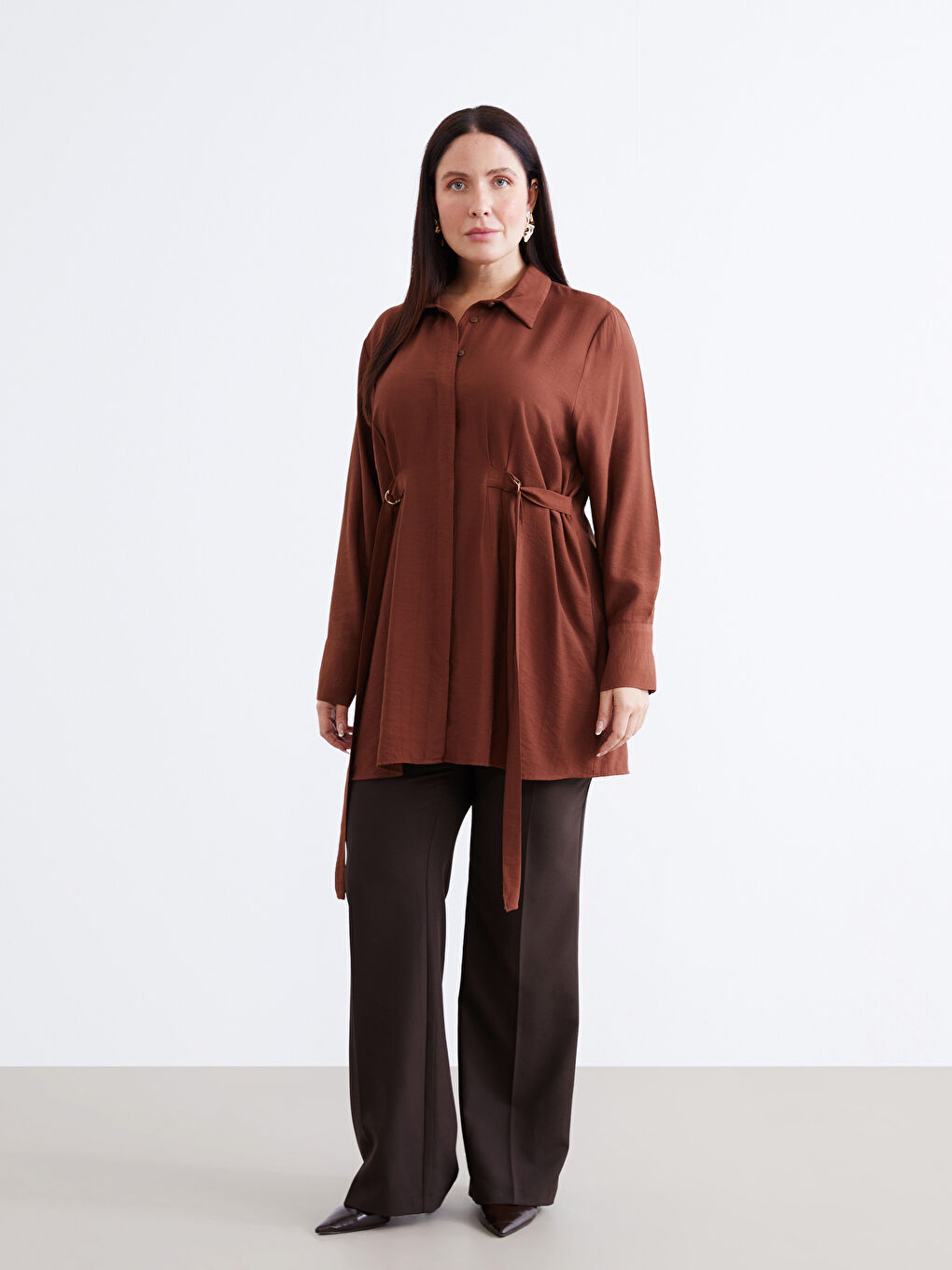 Kahverengi Beli Kuşaklı Kadın Gömlek Tunik-5