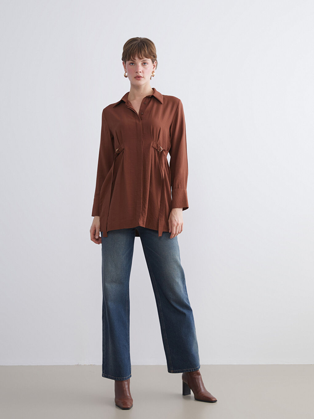 Kahverengi Beli Kuşaklı Kadın Gömlek Tunik-2