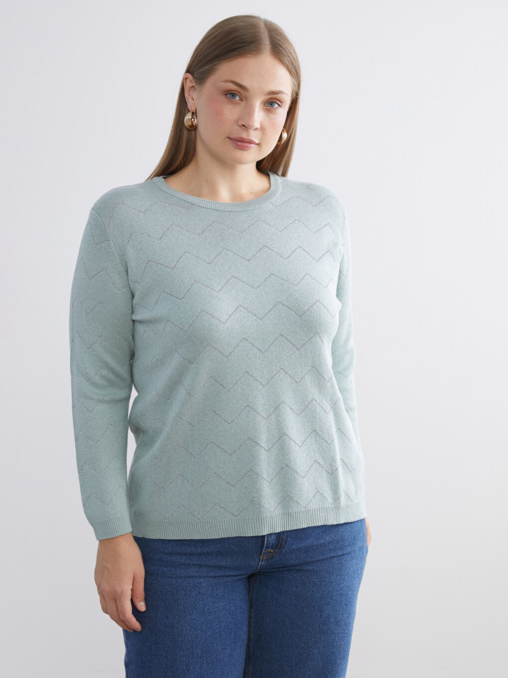 Yeşil Bisiklet Yaka Çizgili Kadın Triko Kazak-1