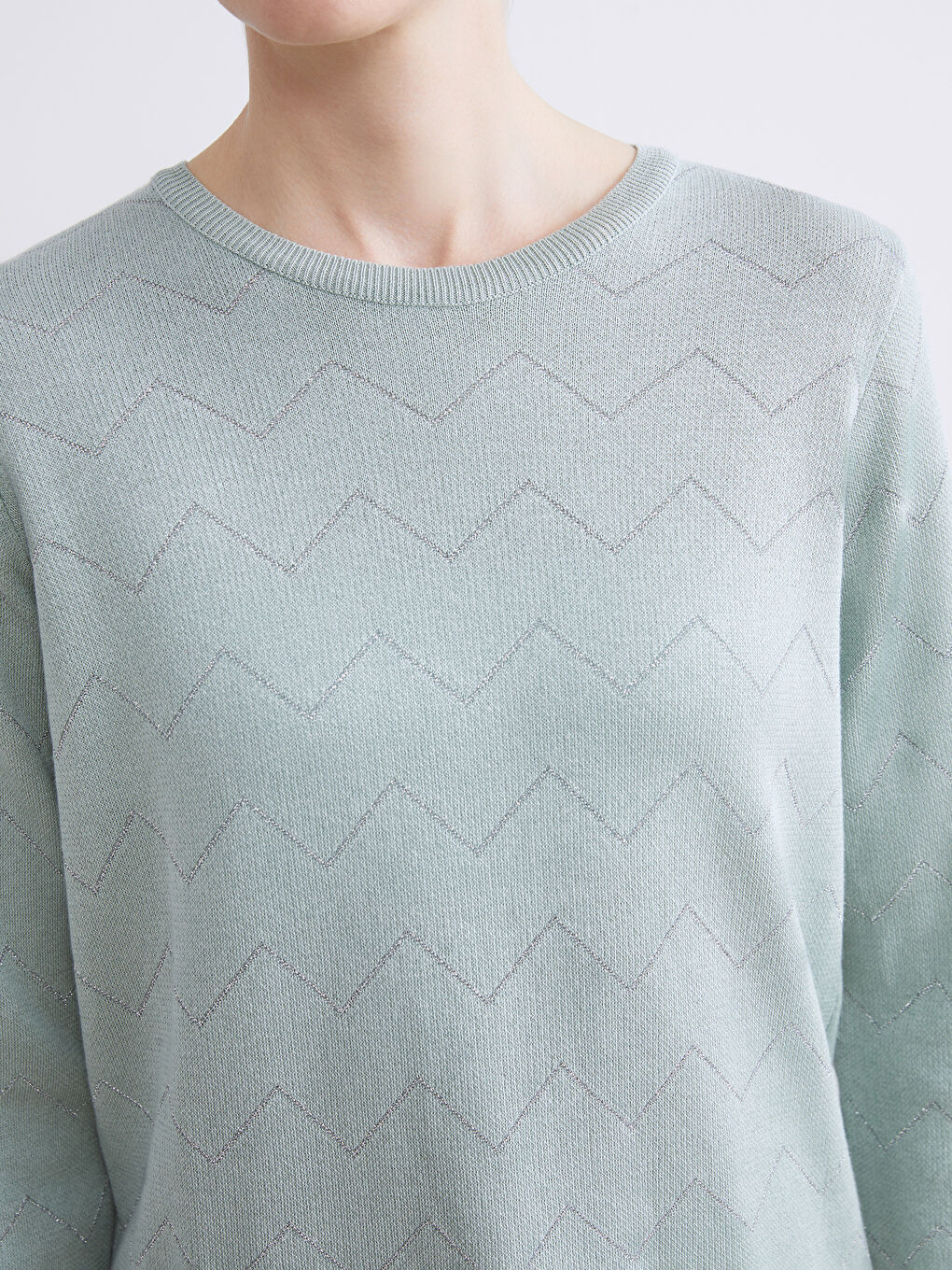 Yeşil Bisiklet Yaka Çizgili Kadın Triko Kazak-4