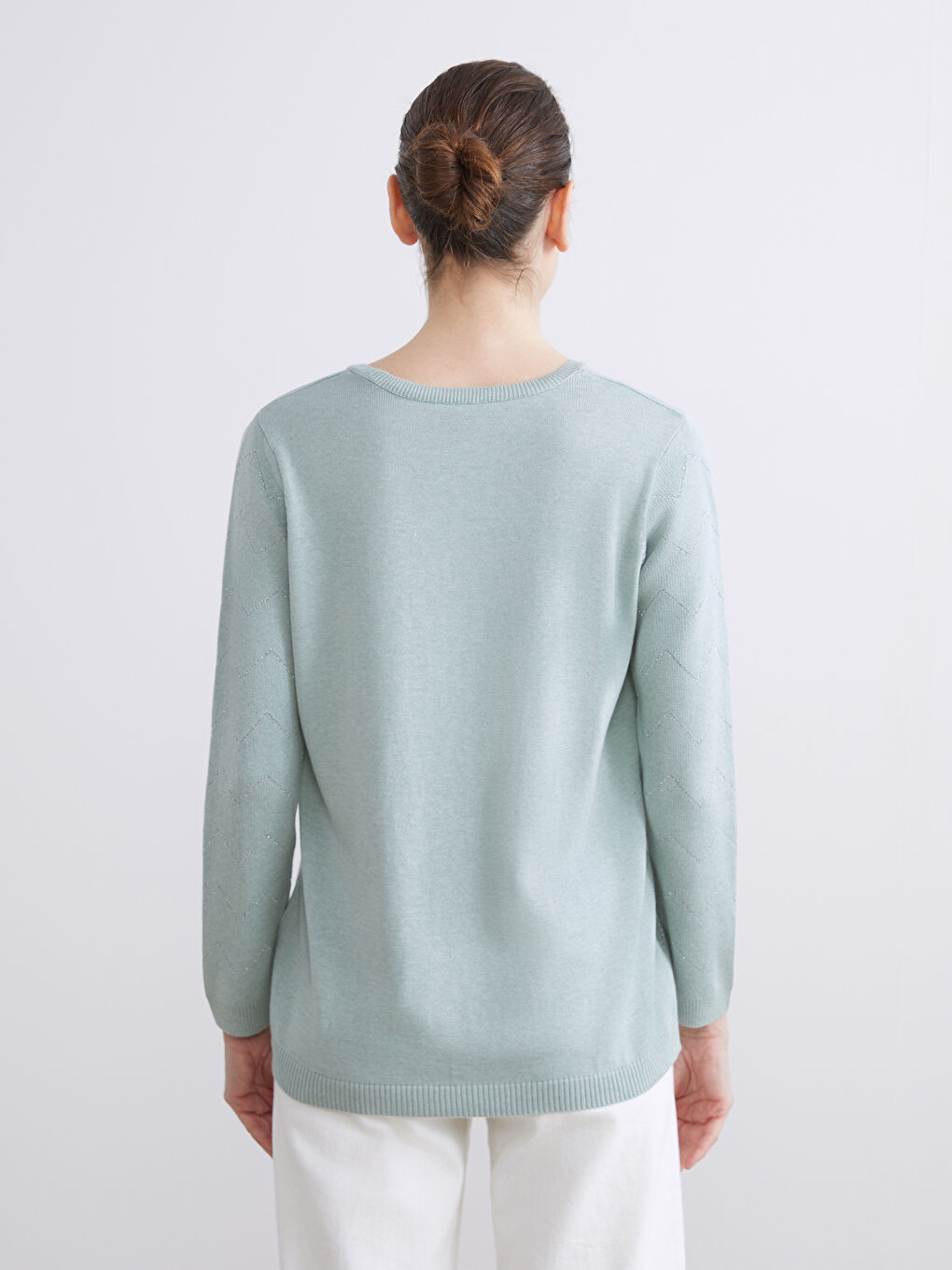 Yeşil Bisiklet Yaka Çizgili Kadın Triko Kazak-5