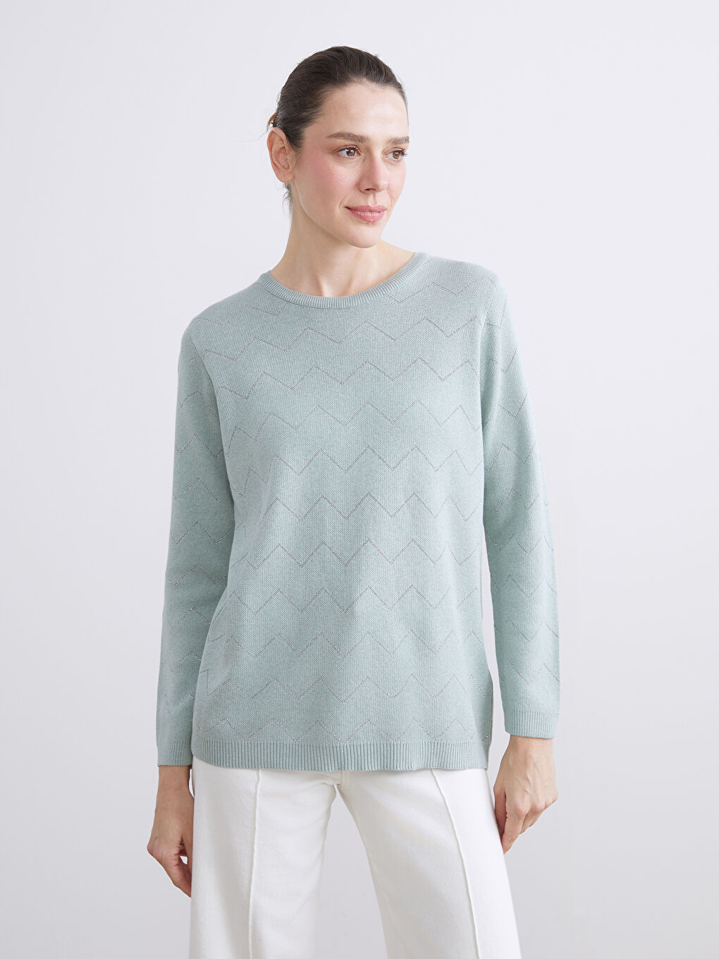 Yeşil Bisiklet Yaka Çizgili Kadın Triko Kazak