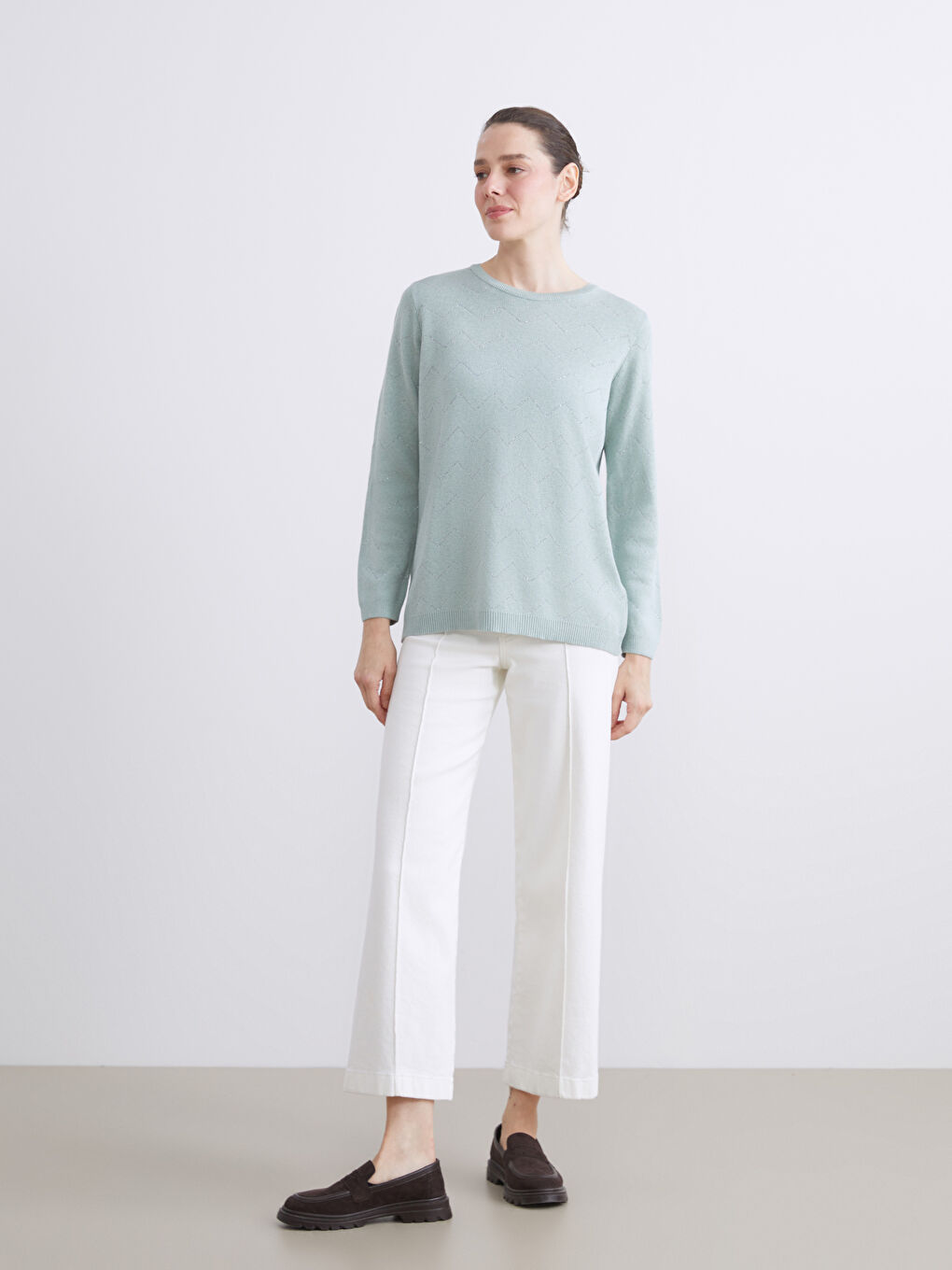 Yeşil Bisiklet Yaka Çizgili Kadın Triko Kazak-2