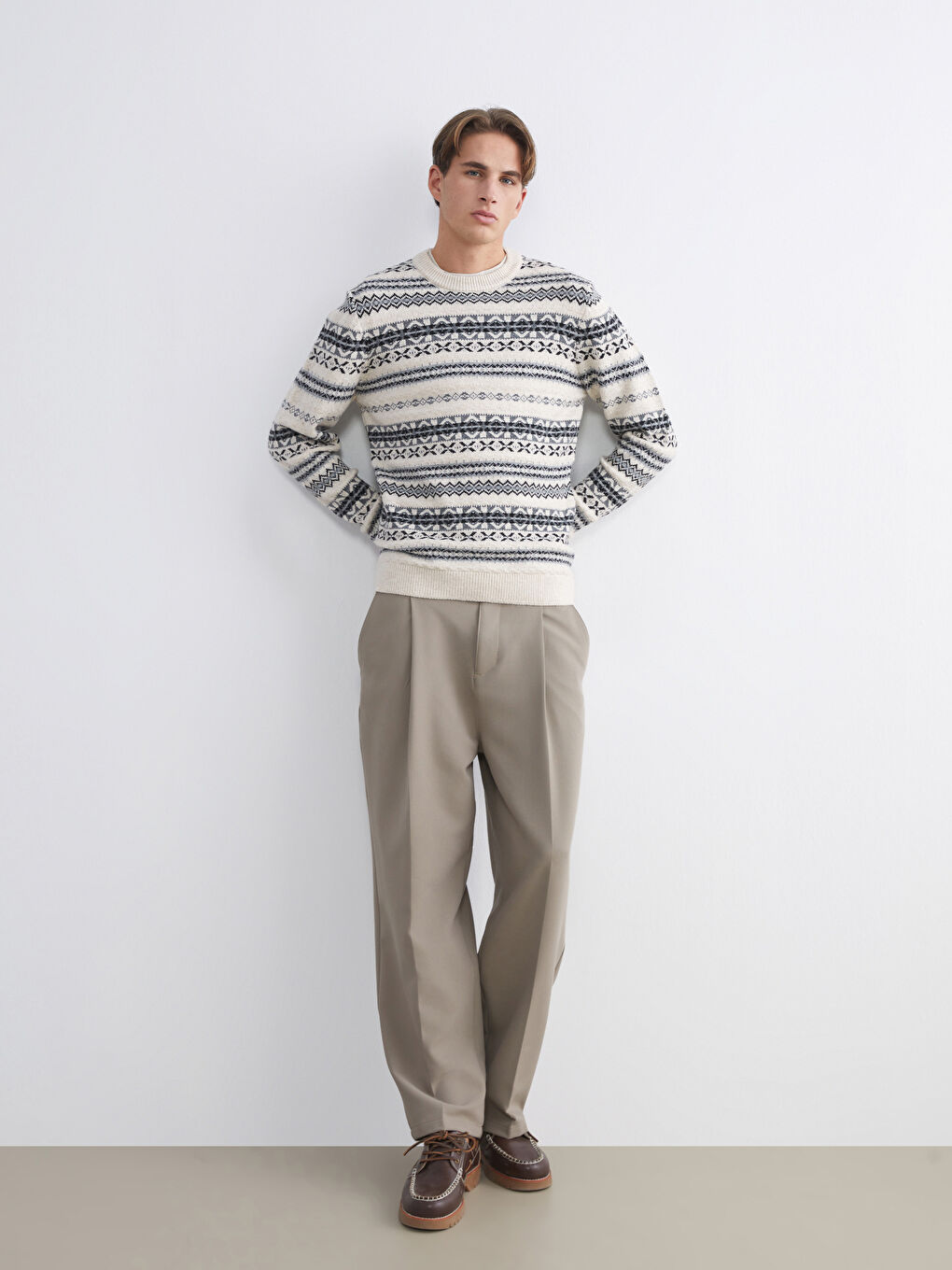 Crew Neck Long Sleeve Patterned Men's Knitwear Sweater-2