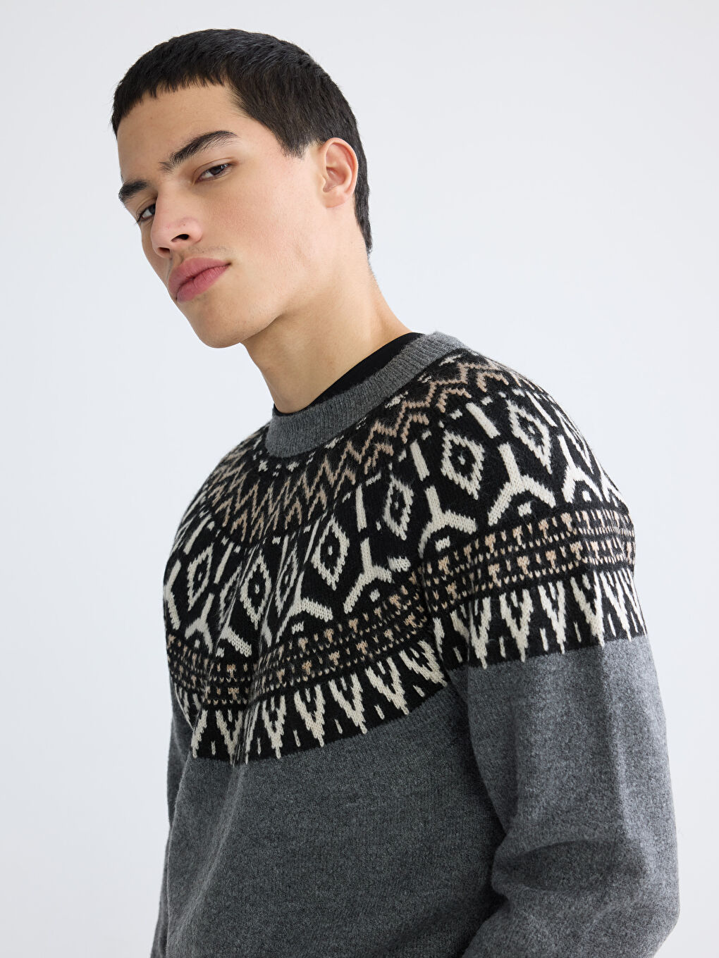 Antrasit Bisiklet Yaka Desenli Erkek Triko Kazak