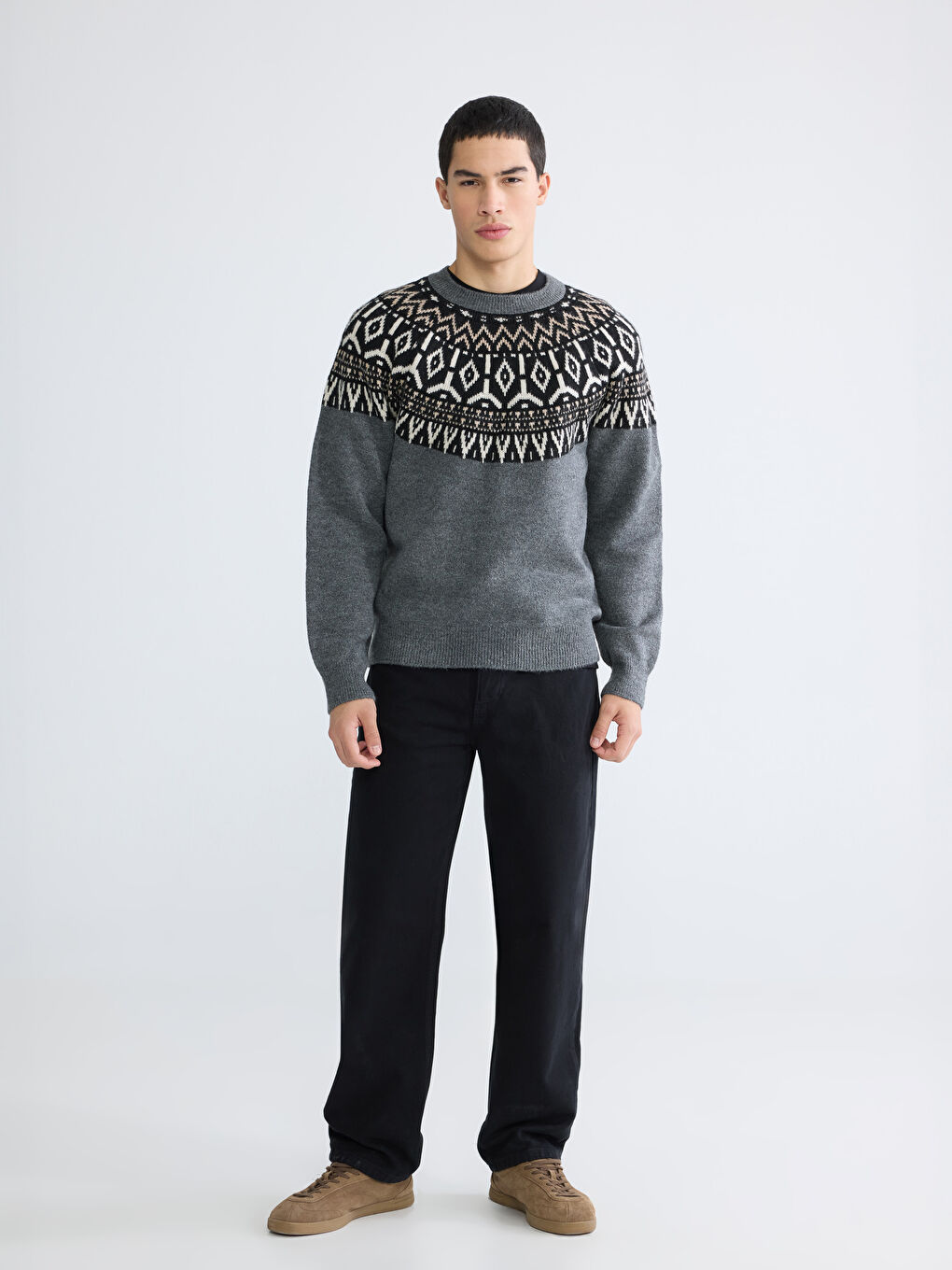 Antrasit Bisiklet Yaka Desenli Erkek Triko Kazak-1