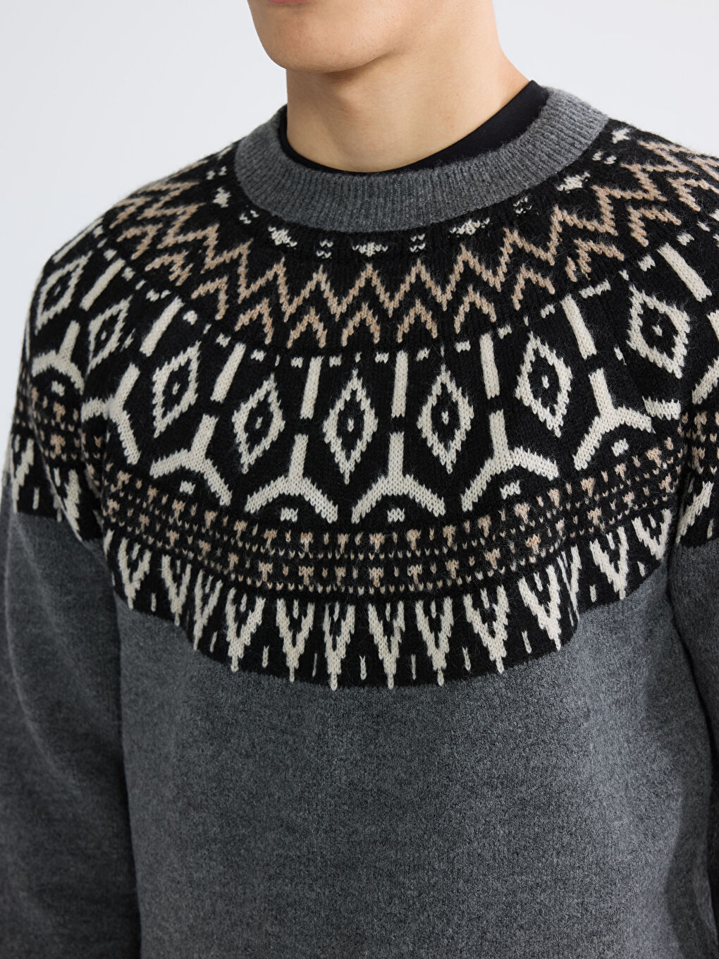 Antrasit Bisiklet Yaka Desenli Erkek Triko Kazak-2