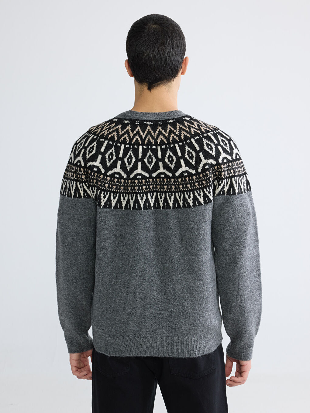 Antrasit Bisiklet Yaka Desenli Erkek Triko Kazak-3