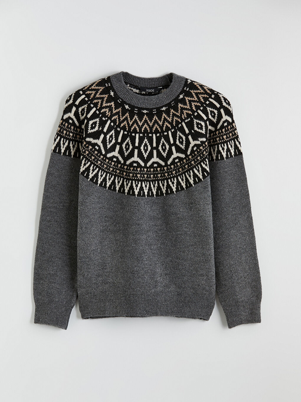 Antrasit Bisiklet Yaka Desenli Erkek Triko Kazak-4