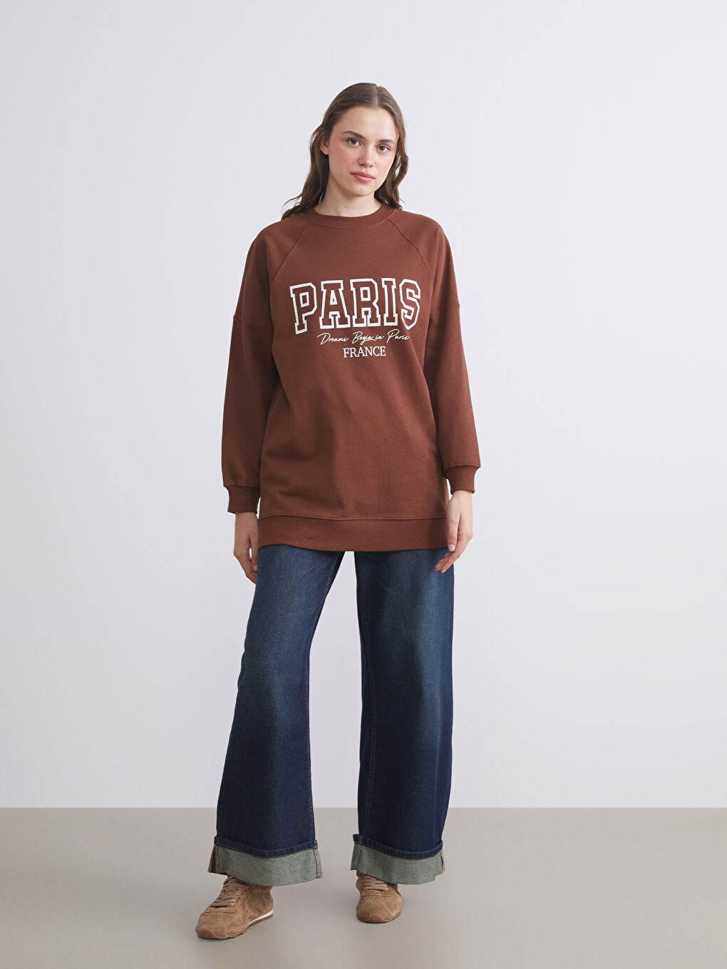 Kahverengi Bisiklet Yaka Paris Baskılı Oversize Kadın Sweatshirt Tunik-1