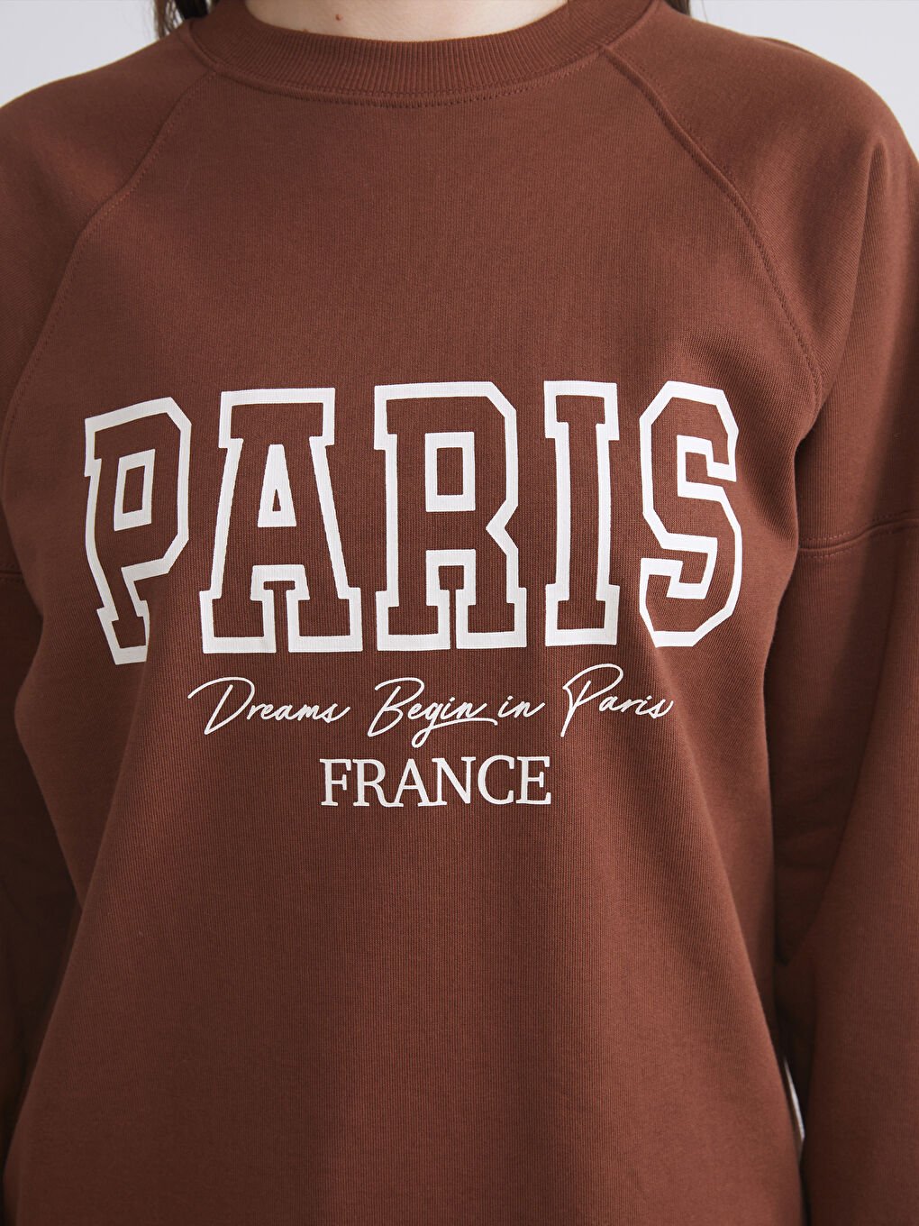 Kahverengi Bisiklet Yaka Paris Baskılı Oversize Kadın Sweatshirt Tunik-2
