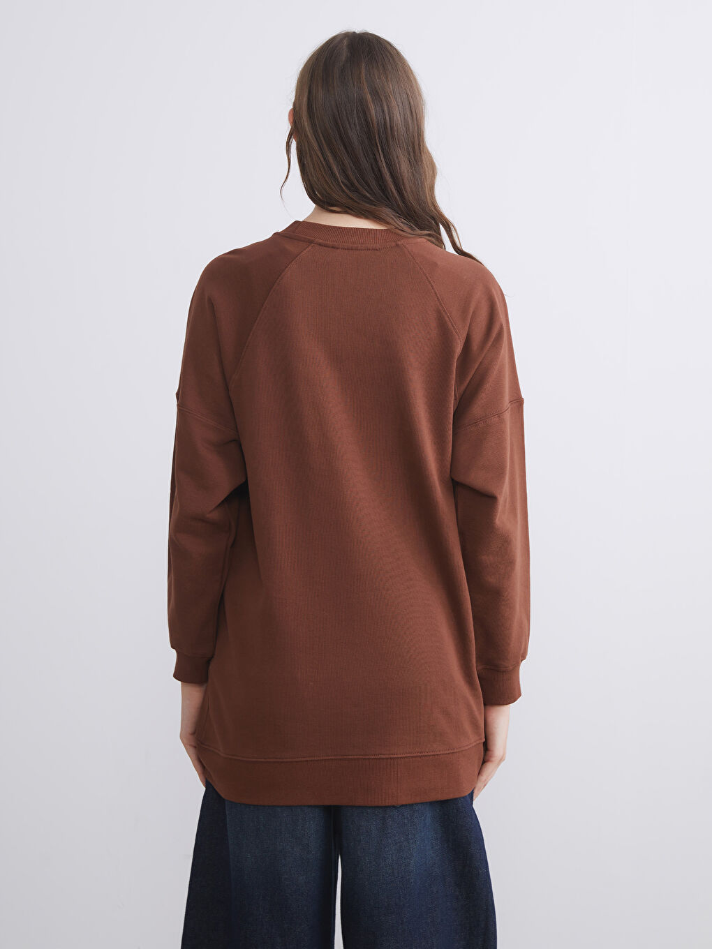 Kahverengi Bisiklet Yaka Paris Baskılı Oversize Kadın Sweatshirt Tunik-3