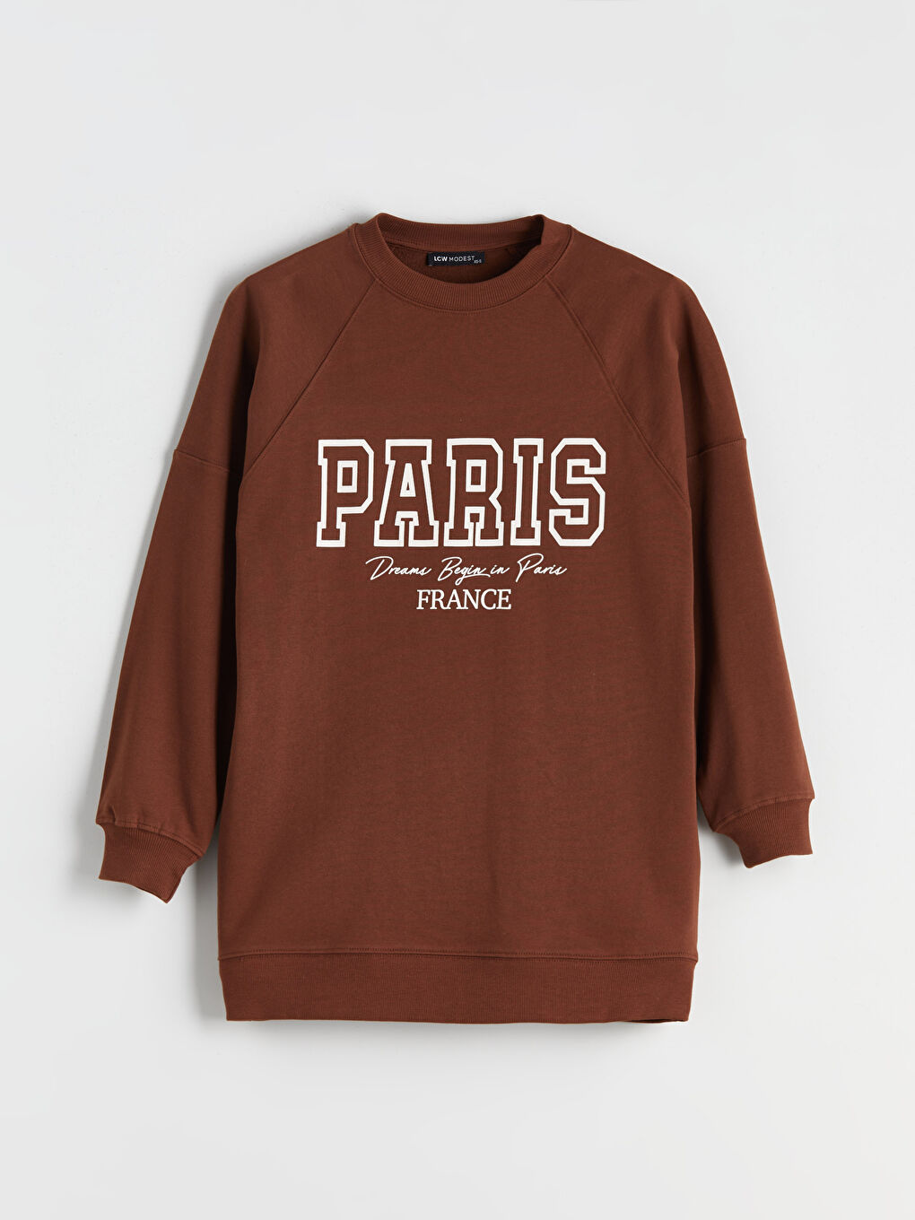 Kahverengi Bisiklet Yaka Paris Baskılı Oversize Kadın Sweatshirt Tunik-4