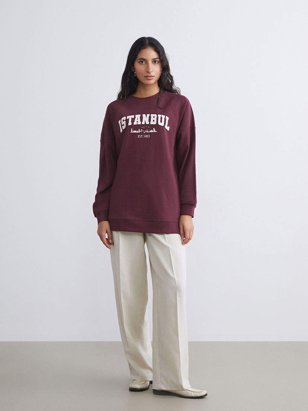 Bordo İstanbul Baskılı Oversize Kadın Sweatshirt Tunik-1