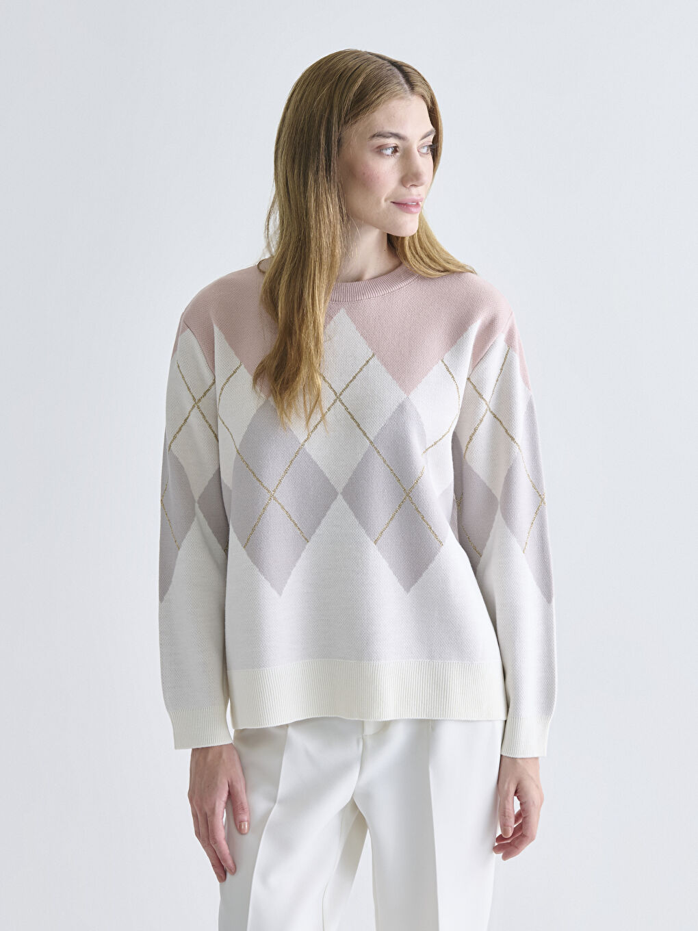Crew Neck Argyle Pattern Women's Knitwear Sweater