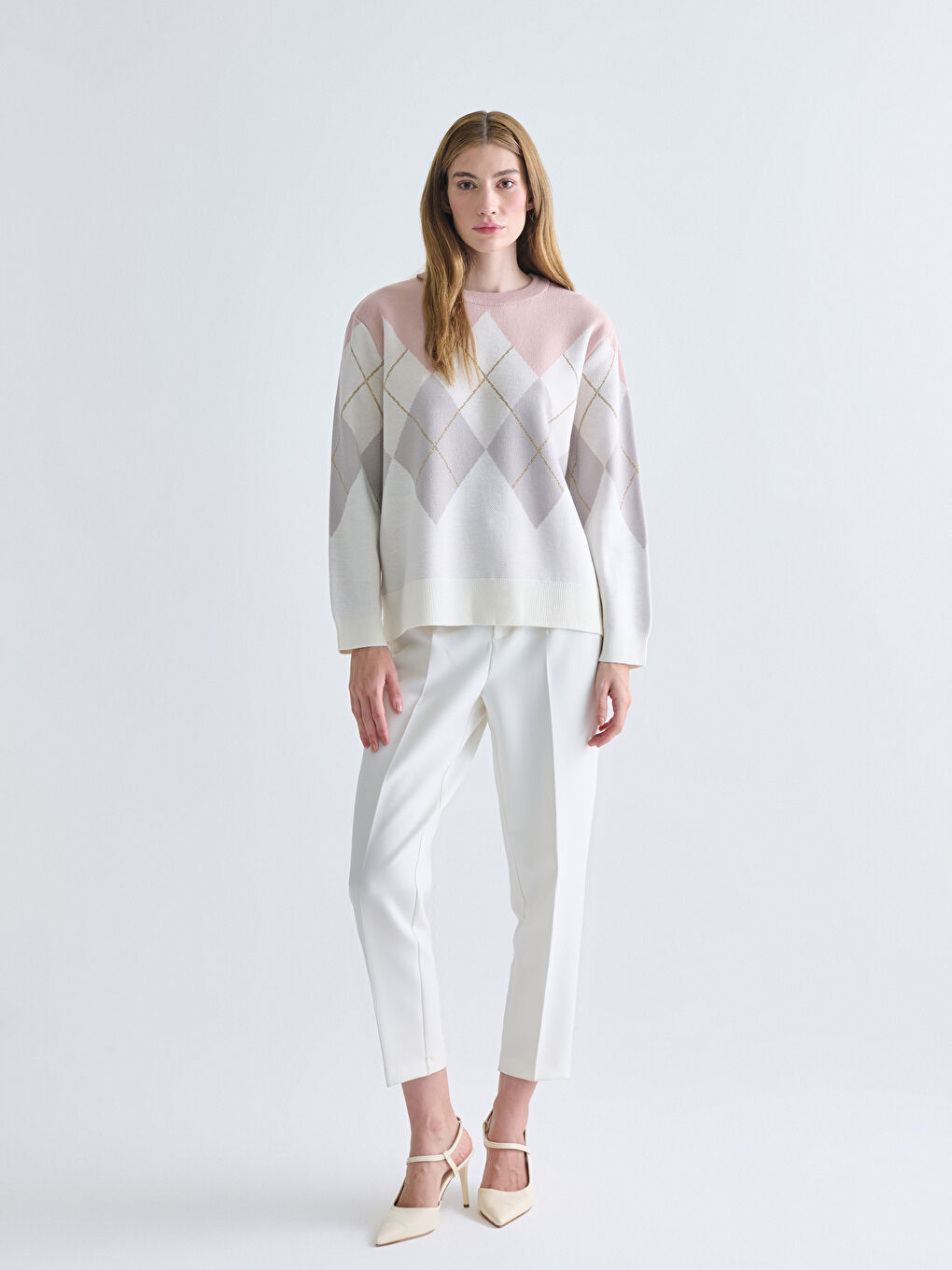 Crew Neck Argyle Pattern Women's Knitwear Sweater-1